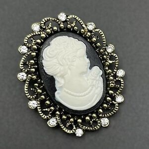 Yellow Gold and Black with Diamond Crystal Victorian Lady Cameo Pin Back Brooch